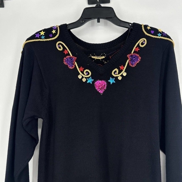 Vintage 80s Plain Jane Black Sweater Dress Embellished Sequins Midi Length M - Picture 9 of 12